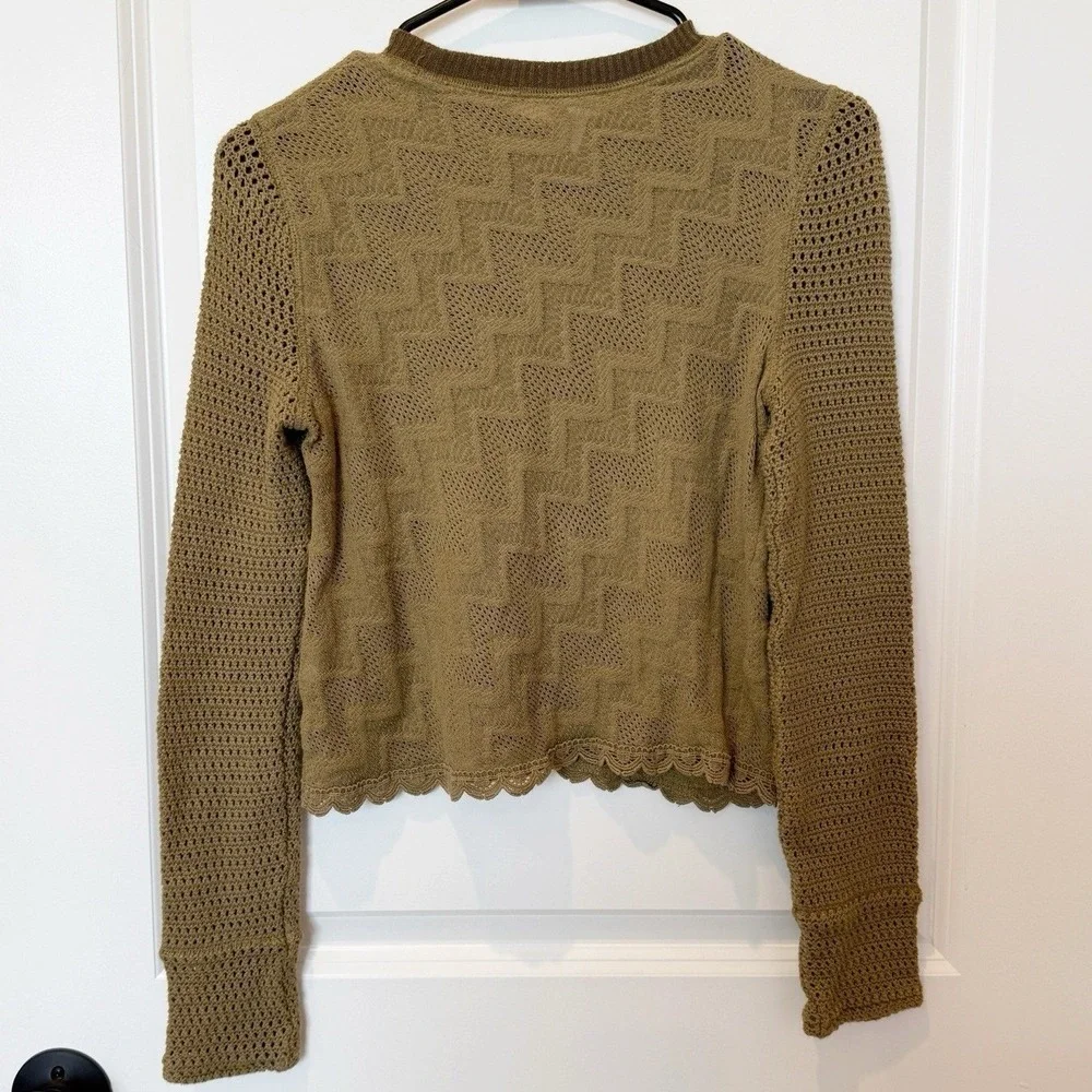 Free People Open Knit Lace Trim Long‎ Sleeve Top XS Indie Grunge Earthy Green